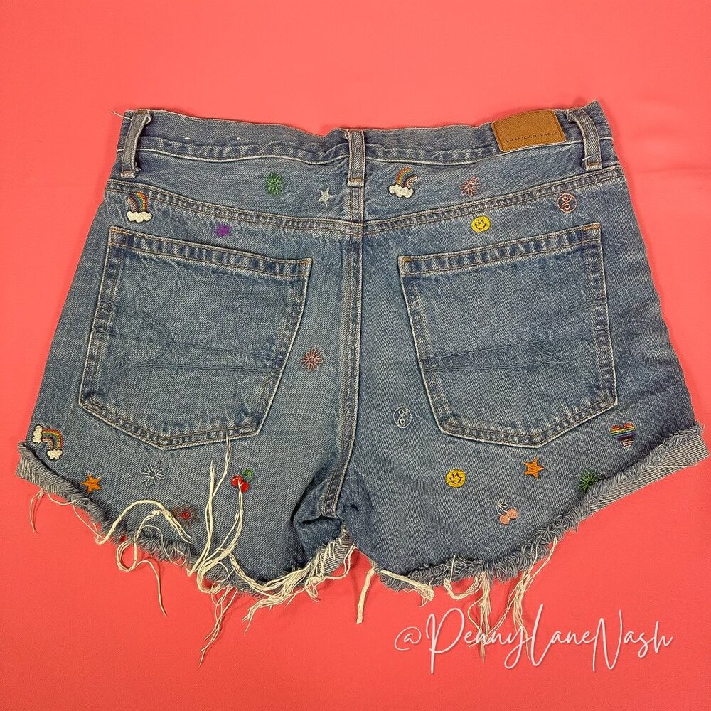 American Eagle Denim '90s Boyfriend Short Embroidered Indigo - Picture 8 of 12